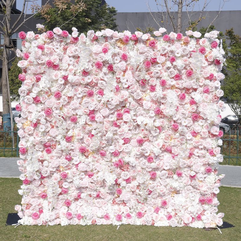 new arrival wedding party decoration artificial rose flower wall backdrop roll up 3d 5d floral 8ft x 8ft pink flower wall panel