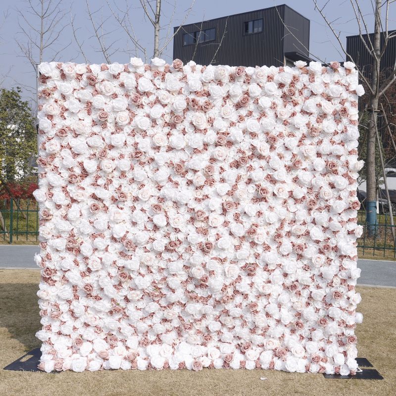Custom 3D 5D Flower Wall Backdrop 8ftx8ft Event Wedding Decorative Artificial Silk Rose Floral Panel Roll Up Flower Wall Curtain