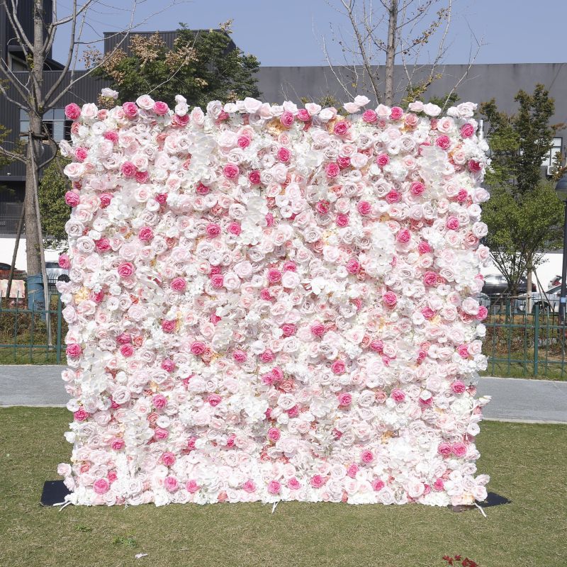 new arrival wedding party decoration artificial rose flower wall backdrop roll up 3d 5d floral 8ft x 8ft pink flower wall panel - Image 2