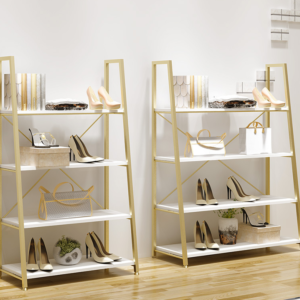 Wholesale Fashion Customized Golden Metal Floor Shelves Stand Bag Shoe Display Rack Shelf